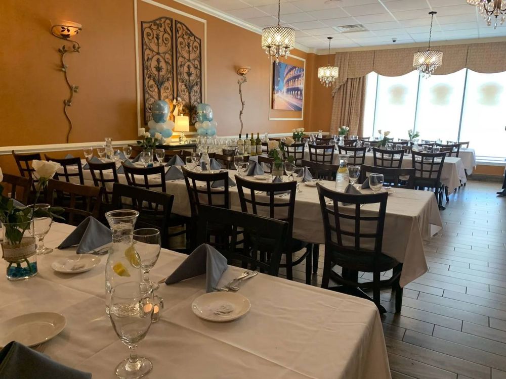 Private banquet room set for a party